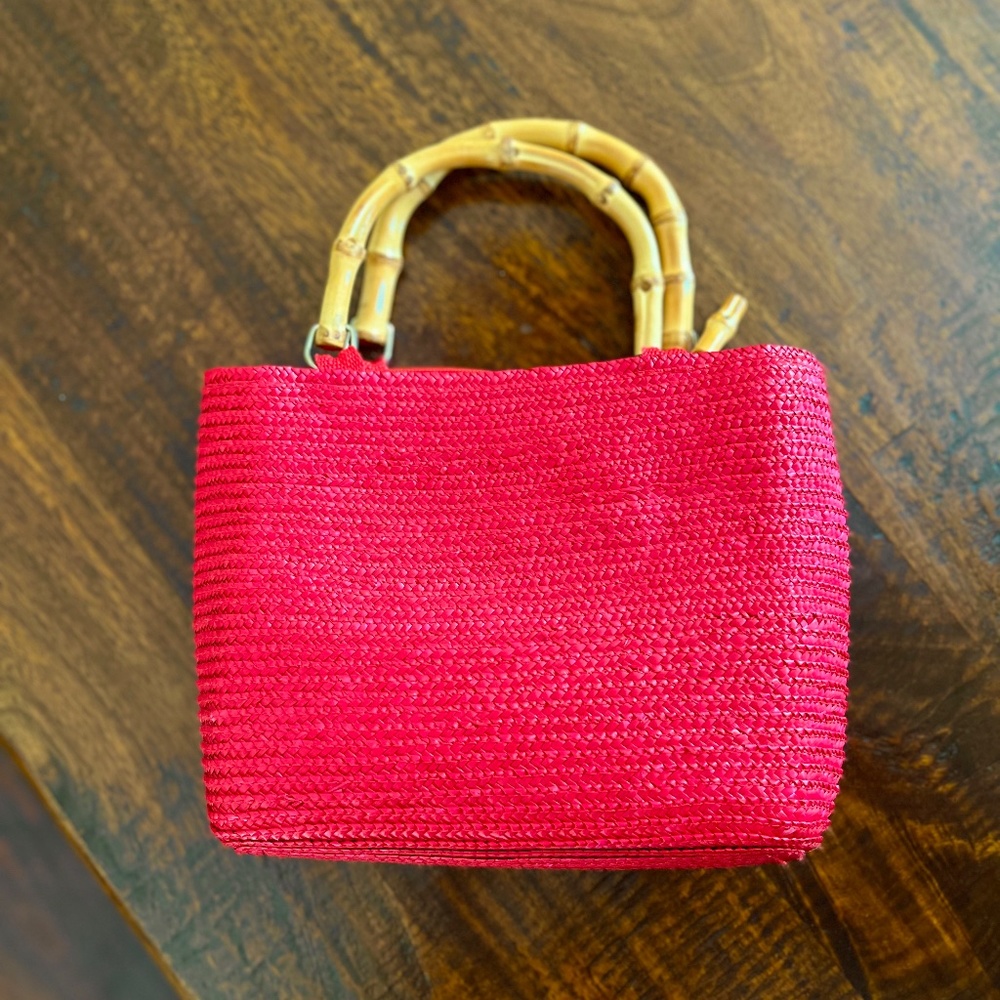 Red Straw Bag with Bamboo Handles